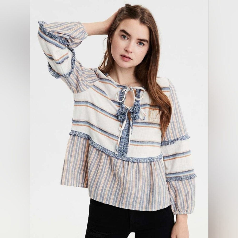 American Eagle Peasant Hippie Blouse Striped Boho Pull Over Top Loop Fringe M